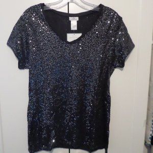 Jaclyn Smith Sequin Stretch V Neck Tee NWT L